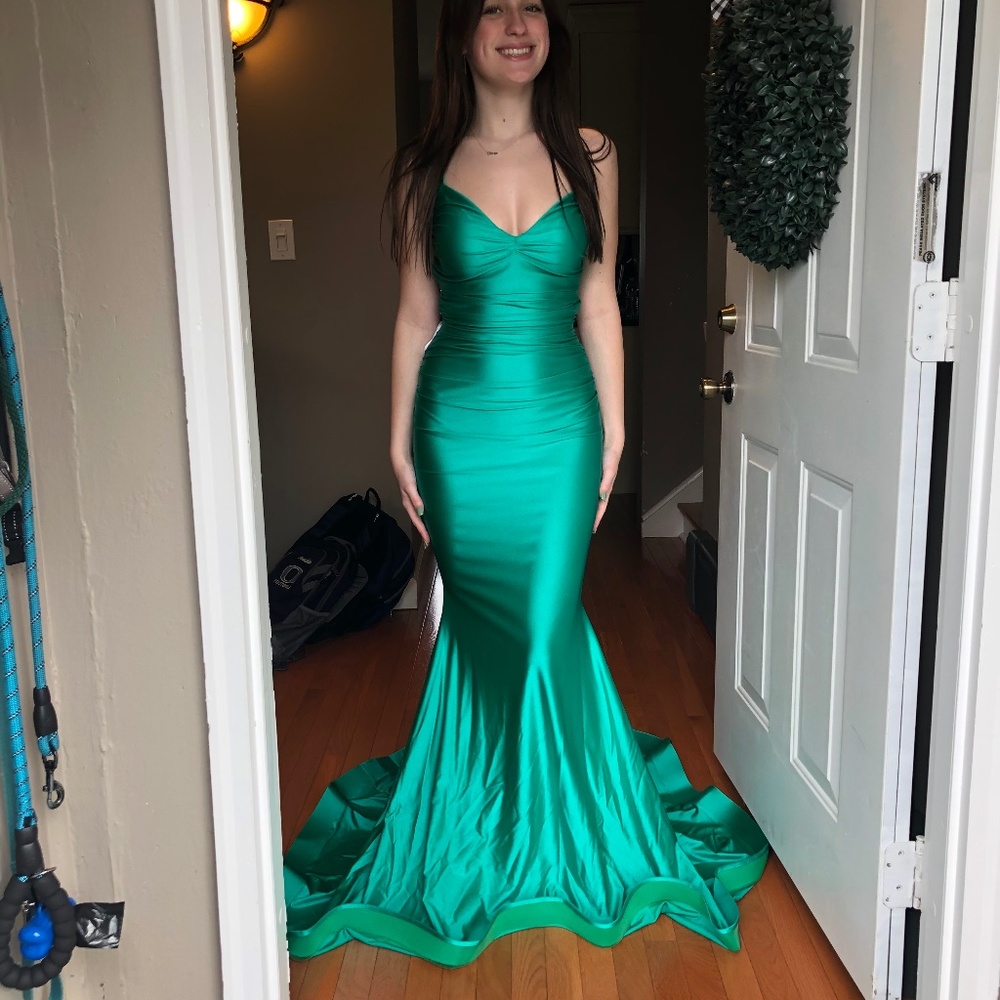 JESSICA ANGEL SERPENT GREEN GOWN. NWOT.